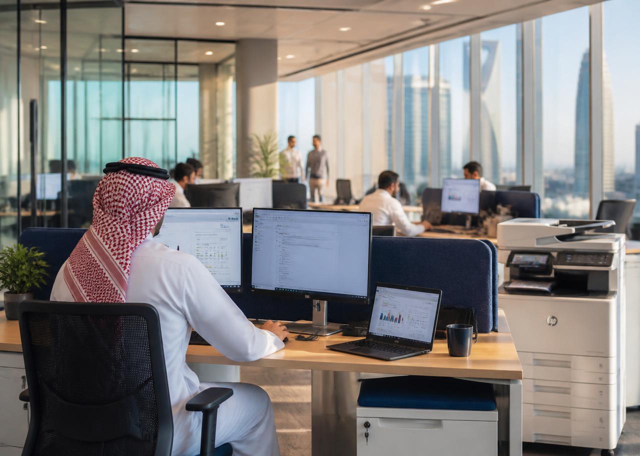 Modern open-plan office fitted with monitors and workstations